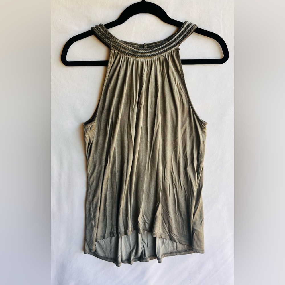Cable & Gauge Olive Halter Tank with Braided Neckline